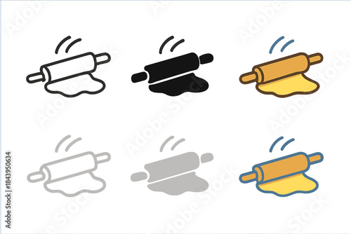 Rolling Pin Styles. Rolling pin icon pressing dough with rising motion arcs and lines, first in line style with thin outline,