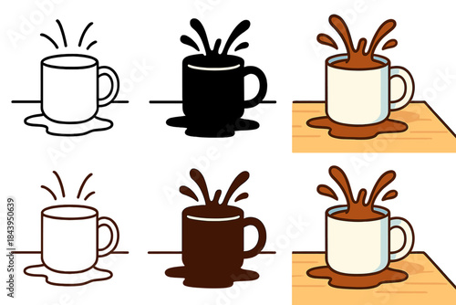 Coffee Spill Variations. Mug on table with coffee spill and animated splash lines, first in line style with thin outline, second
