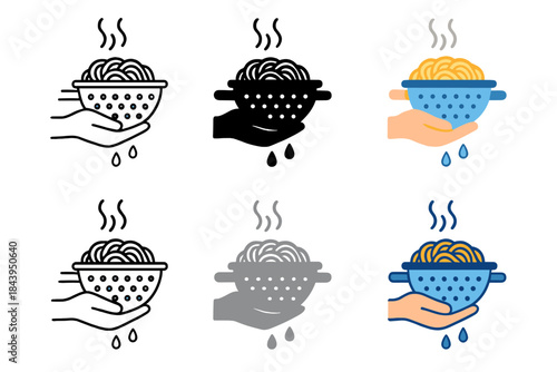 Steaming Pasta Art. Hand holding colander with steaming pasta and draining water, first in line style with thin outline, second in