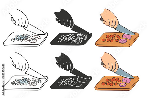 Chopping Styles Exploration. Hand holding knife over cutting board with chopped ingredients, first in line style with thin outline