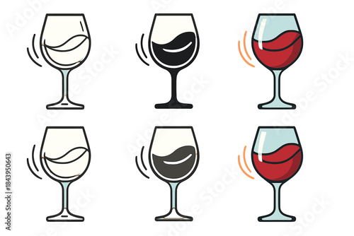 Wine Sip Progression. Red wine in glass with motion lines showing sip taken and swirl, first in line style with thin outline,