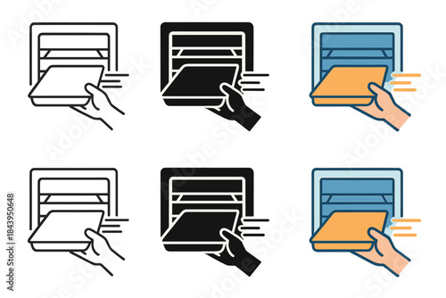 Baking Process Styles. Hand sliding baking tray into oven rack with motion streaks, first in line style with thin outline, second