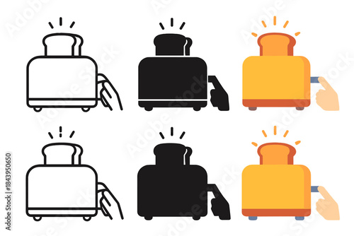 Toaster Bread Animation. Hand pressing toaster lever with bread popping up and animated arcs, first in line style with thin