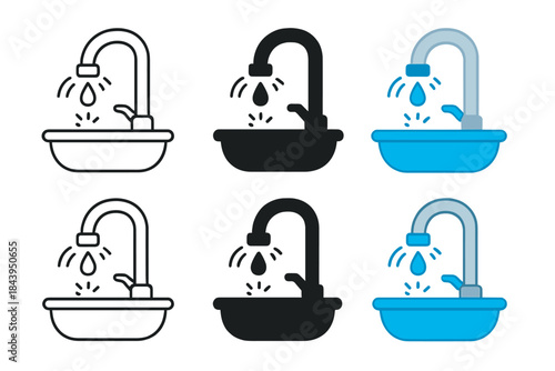 Diverse Faucet Drip Styles. Faucet dripping water above sink with motion arcs and tiny splashes, first in line style with thin