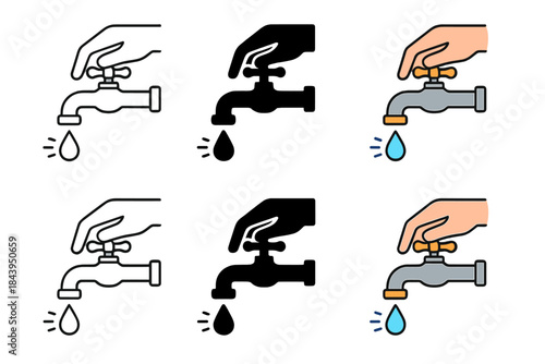 Faucet Water Styles. Hand turning faucet with water droplet falling and motion lines, first in line style with thin outline,