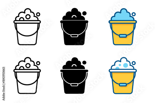 Bucket Styles Showcase. Bucket filled with soapy water and foam bubbles first in line style with thin outline, second in solid