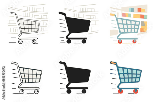 Rolling Shopping Carts. Empty shopping cart rolling down supermarket aisle first in line style with thin outline, second in solid