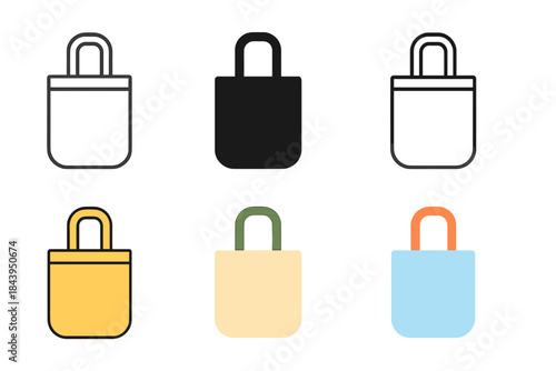 Colorful Reusable Tote Bags. Reusable fabric tote bag with flat handles first in line style with thin outline, second in solid