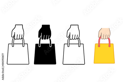 Shopping Bag Styles. Hand holding shopping bag by its handles first in line style with thin outline, second in solid style filled