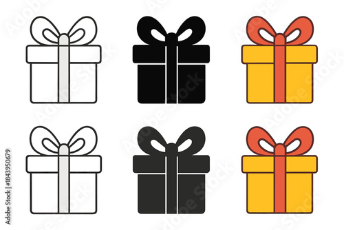 Gift Box Variations. Gift box with oversized decorative bow loops first in line style with thin outline, second in solid style