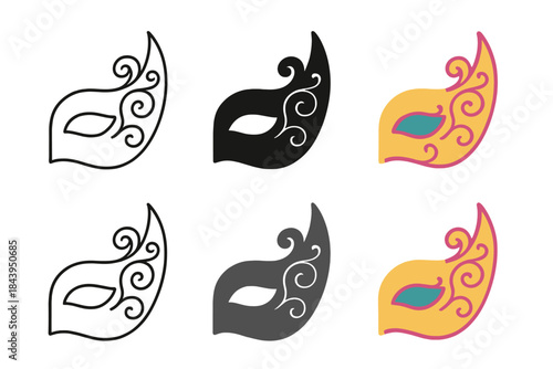 Ornate Mask Designs. Half-face mask with ornate swirl decorations first in line style with thin outline, second in solid style