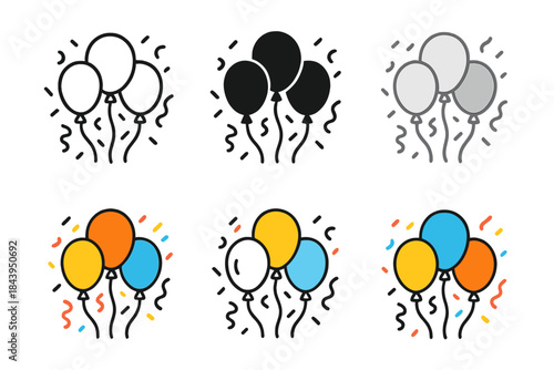 Festive Balloon Array. Balloon cluster surrounded by falling confetti first in line style with thin outline, second in solid style