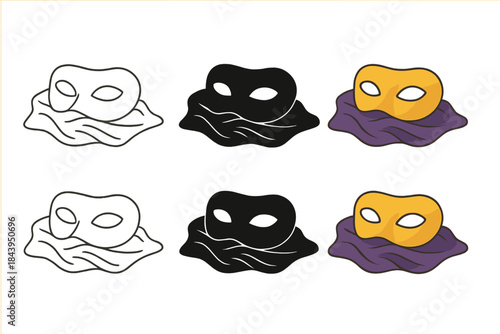 Mysterious Mask Styles. Mysterious mask resting on velvet fabric first in line style with thin outline, second in solid style