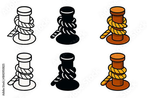 Dock Poles in Styles. Dock Pole Rope first in line style with thin outline, second in solid style filled shape, third in flat