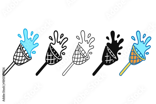 Diverse Artistic Styles. Net Catch Splash first in line style with thin outline, second in solid style filled shape, third in flat