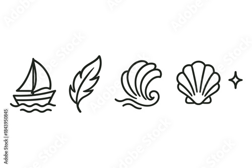 Maritime Vector Icons. Line style vector icons of maritime plume shellwave: crafted ship shape, smooth sail tilt, airy feather