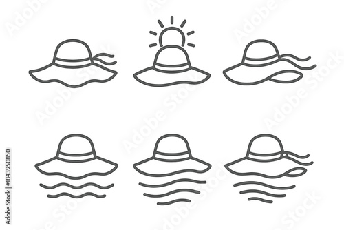 Breezy Holiday Sunhats Icons. Line style vector icons of breezy holiday sunhats: flared brim edge, raised crown center, beach