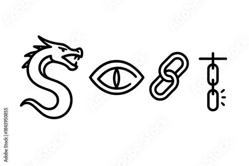 Serpentine Dragon Chain. Line style vector icons of wyrm gaze linkage: serpentine dragon shape, lifted jaw curve, intense eye slit