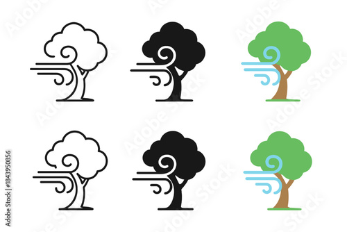 Artistic Tree Styles. Wind Gust Tree first in line style with thin outline, second in solid style filled shape, third in flat
