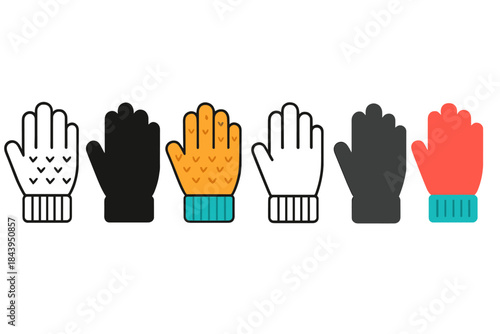 Diverse Glove Styles. Glove Wool Stitch first in line style with thin outline, second in solid style filled shape, third in flat