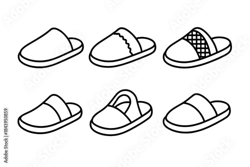 Cushioned Slippers Icon. Line style vector icons of cushioned domestic slippers: spongy foot slip-on, protective fleece interior,