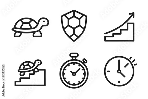 Tortoise Chronograph Icons. Line style vector icons of tortoise ascent chronograph: tortoise figure, shield-like shell, ascending