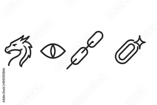 Drake Chainline Icons. Line style vector icons of drake stare chainline: sleek dragon silhouette, piercing eye cue, linear chain
