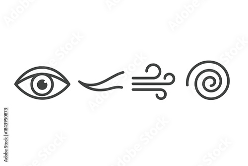 Eye and Gale Icons. Line style vector icons of sight gale maelstrom: eye silhouette, subtle eyelid crest, sweeping gale curve,