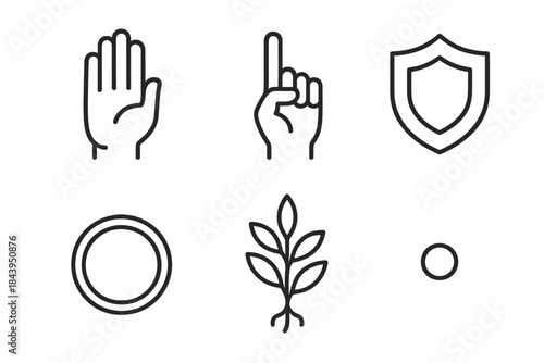 Palmdefense Vector Icons. Line style vector icons of palmdefense sprigroot: palm stance, finger lift, defense shield outline,