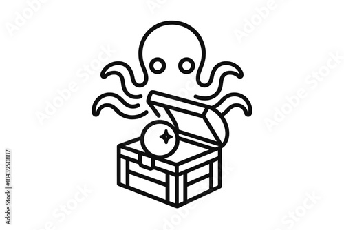 Octopus Treasure Icons. Line style vector icons of watery bounty bead: octopus contour, arm arcs, bounty crate form, lid tilt mark