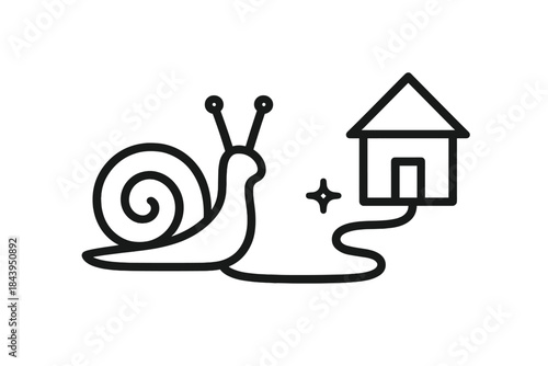 Snail Path Icons. Line style vector icons of crawl home route: smooth snail contour, lifted antennae, minimal home body, sharp