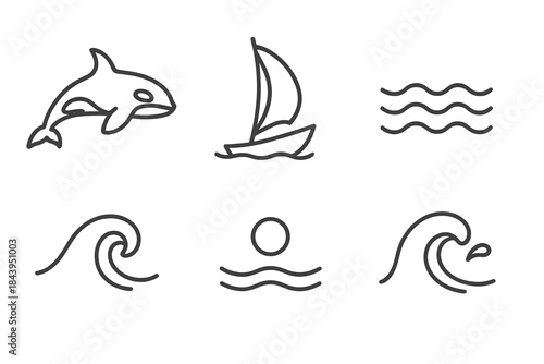 Marine Orca Icons. Line vector icons of Marine Orca Voyage: gliding orca, curved mast, wide sea path, rolling swell, foam bead,