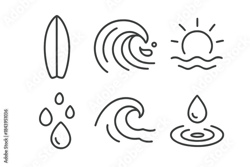 Surfing Symbols. Line vector icons of Surfboard Barrel Sun: surfboard form, barrel wave, rising sun, tiny spray, ripple curl,