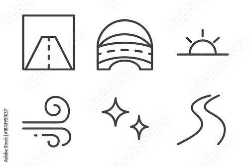 Transport Road Icons. Line vector icons of Transport Road Span: transport frame, road span, horizon arc, dust curl, soft glint,
