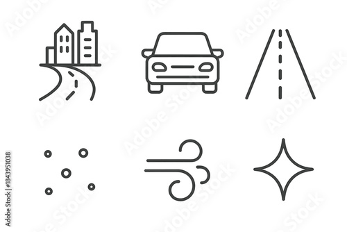 Urban Drive Icons. Line vector icons of Urban Drive Path: urban ridge, driving outline, path strip, dust fleck, breeze curl, soft