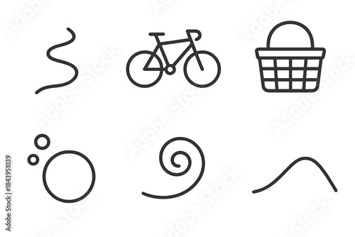 Trail Bike Basket Icons. Line vector icons of Trail Bike Basket: trail strip, bicycle sweep, open basket, air bead, dirt curl,