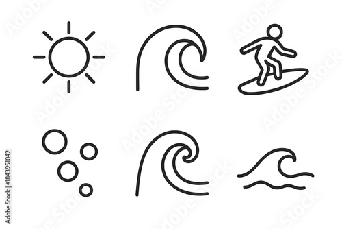 Surfing Line Art Icons. Line vector icons of Bright Barrel Surfing: bright sun, barrel fold, surfing arc, bubble mote, tide flick,