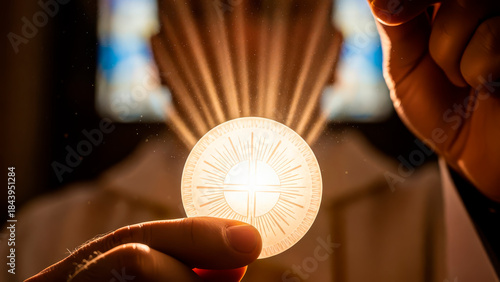 Close-up of hands holding a glowing communion host with sacred light