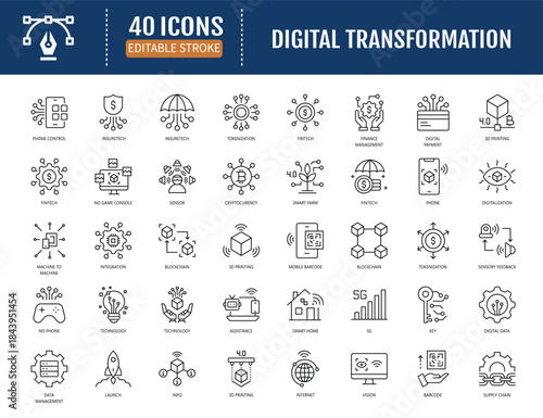 Digital Transformation icon set. Includes
digitalization, digital services, internet, cloud
computing, technology, and more. Vector
illustration with editable strokes