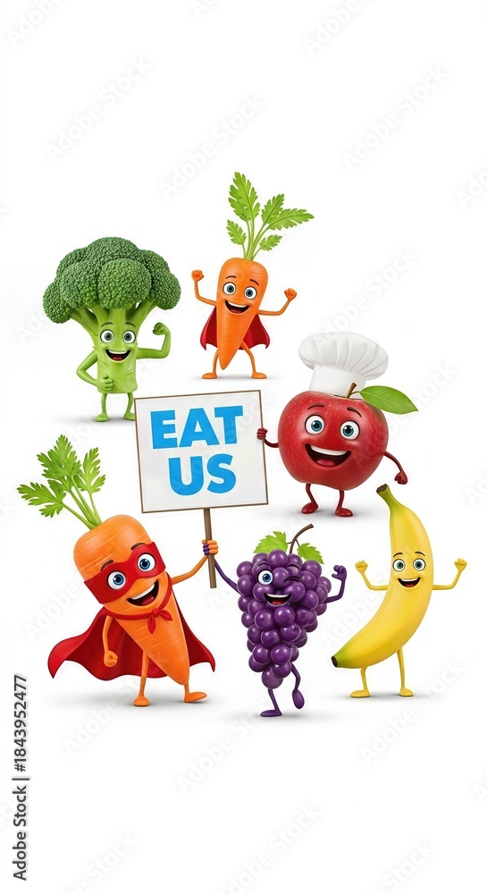 Fototapeta premium Friendly personified fruit and vegetable characters gather, a smiling carrot presents a clear 