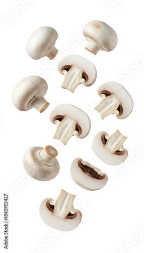 White button mushrooms falling fresh and sliced