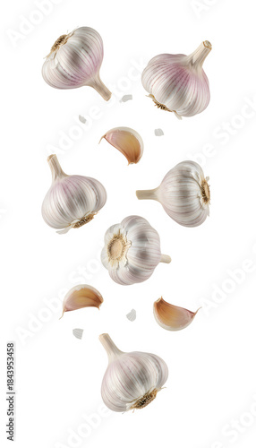 Fresh garlic bulbs and cloves falling, transparent background