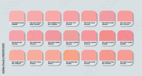 Peo Light Red Color Guide Palette with Color Names. Catalog Samples Peo Red with RGB HEX codes and Names. Rose Clothing Colors Palette Vector, Peo Light Red Paint Color Palette, Trend Light Reds Tones
