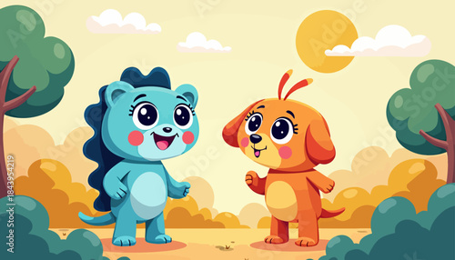 Cute cartoon dinosaur and puppy friends standing together outdoors for children's book advertising background.