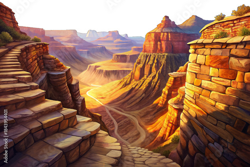 The Bright Angel Trail descends into the Grand Canyon with steep paths, layered rock walls, dramatic elevation changes, and iconic desert canyon hiking views