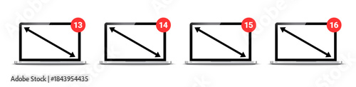 Laptop screen size monitor icon. Laptop diagonal inch notebook dimension. Display size design.