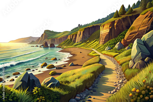 Lost Coast Trail follows a remote coastal path with rugged cliffs, rocky beaches, untouched wilderness, and dramatic ocean scenery far from crowded tourist routes