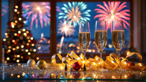 New year's eve celebration with champagne flutes and colorful fireworks