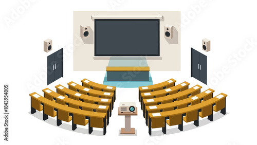 Modern lecture hall with projector and seating in isometric style