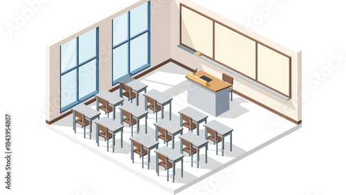 Modern isometric classroom design with desks and windows